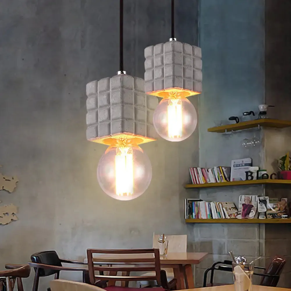 Vintage Cement Square Pendant Light with Bare Bulb for Restaurant Ceiling - Grey