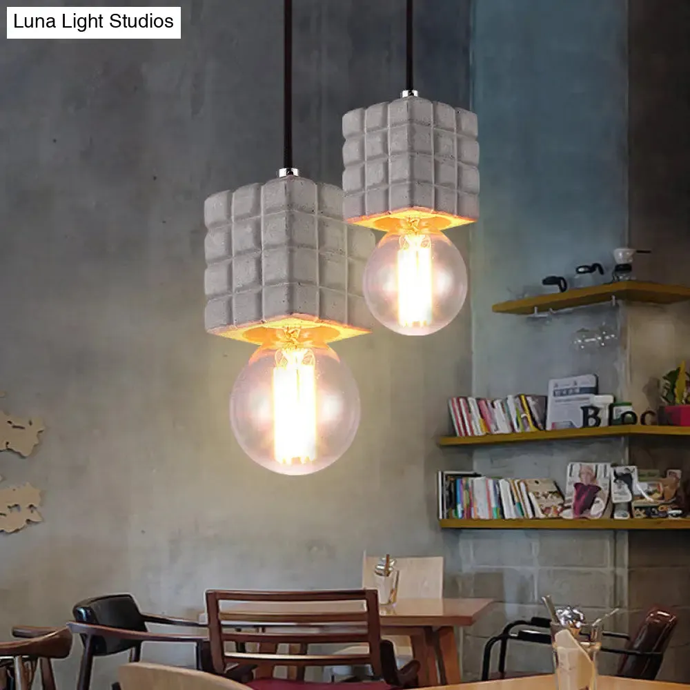 Vintage Cement Square Pendant Light with Bare Bulb for Restaurant Ceiling - Grey