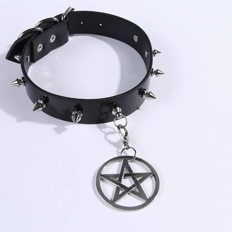 Women's Rivets Pentacle Pendant PU Chokers