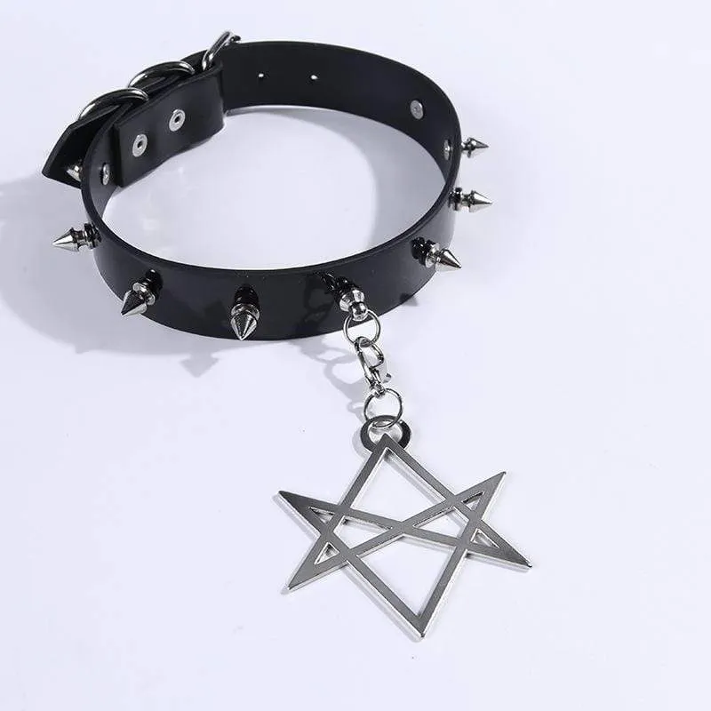 Women's Rivets Pentacle Pendant PU Chokers