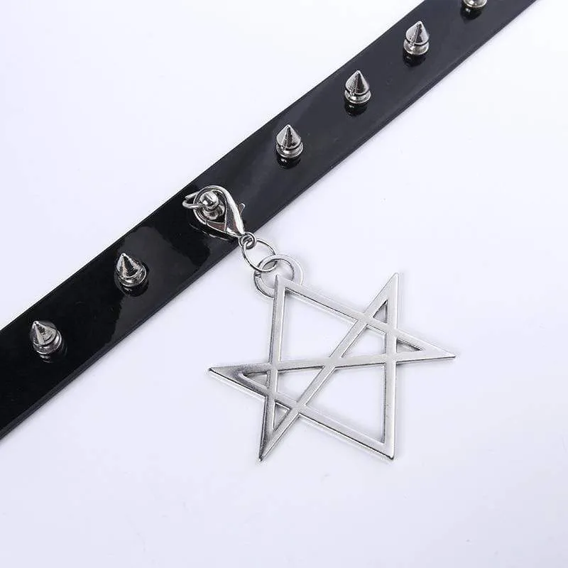 Women's Rivets Pentacle Pendant PU Chokers