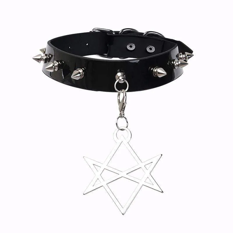 Women's Rivets Pentacle Pendant PU Chokers