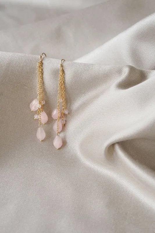 Xander Kostroma -Gold Tone Waterfall Rose Quartz Layer Earrings (7cm Drop)–14ct Gold-Plated Fishhook –For Inner healing & Positive energy